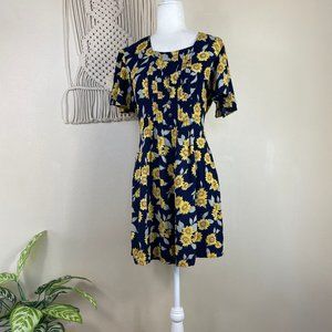 90s vintage sunflower print navy blue romper size S M